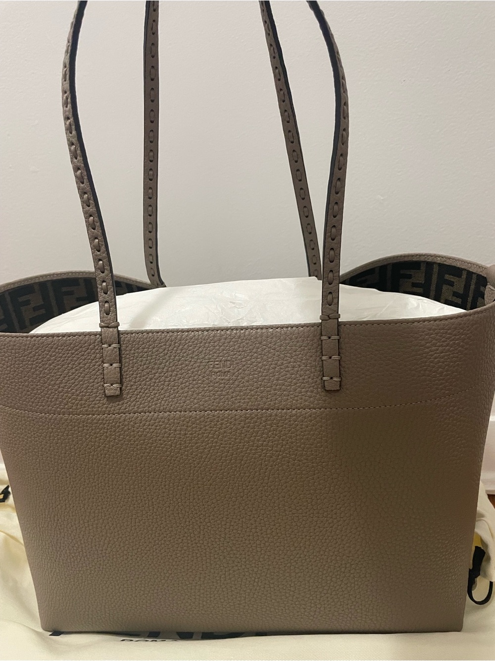 Fendi Taupe Leather Tote with FF-Print Lining